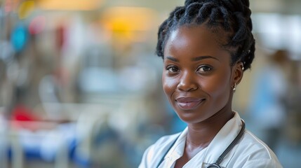 Fototapeta premium Close-up portrait of a smiling African-American woman doctor in a hospital setting