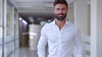Obraz premium A man in a white shirt walks through a modern office corridor
