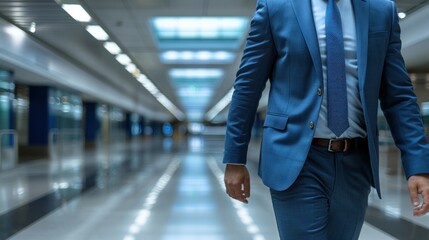 Businessman in a blue suit walks through a modern office hallway