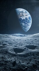 Spectacular Earthrise over the moon with stars in the background. Illustrating the magnificent view from lunar surface