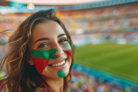 Happy Portuguese Woman Supporter with Painted Face in Stadium