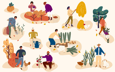 Autumn season harvest gathering flat vector illustration. Farmers working in field, stacking hay. Fruits and vegetables crop collecting.