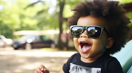 Happy stylish young boy enjoying popsicle in sunny park wearing sunglasses and straw hat