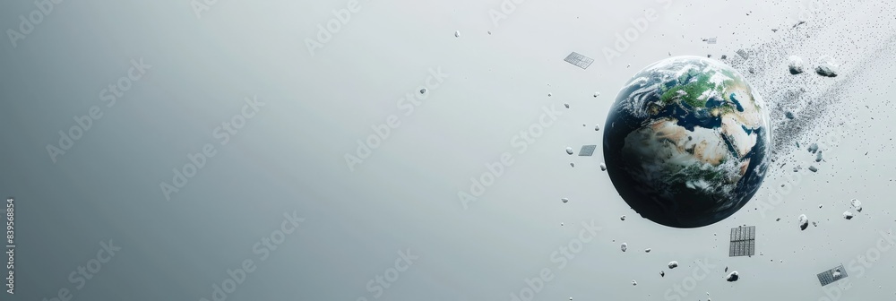 Poster conceptual image of earth surrounded by debris in a bright background. highlighting the impact of hu