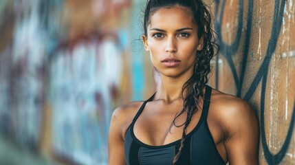 Fototapeta premium A woman wearing a black sports bra leans against a graffiti wall