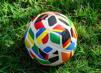 Fototapeta premium Colorful Soccer Ball on Grass Field in Sunny Weather