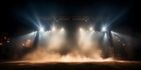 Obraz premium Spotlights, smoke, and copy space on concert stage for text or visuals. Concept Concert Stage, Spotlights, Smoke Effects, Copy Space, Visuals