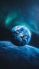 Fototapeta premium Spectacular view of Earth with auroras lighting up the night sky. Highlighting the planet's natural beauty and the wonders of space. Ideal for discussions on the aurora borealis and cosmic events