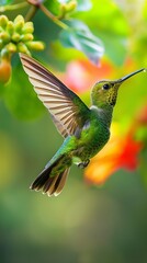 Obraz premium Minimalistic and light scene of a hummingbird drinking nectar, bright and clean, isolated on a white background. Perfect for illustrating avian grace and natural elegance. 