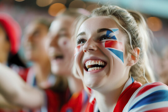 Excited English Woman Supporter Cheering in the Stand of a Sports Event - Powered by Adobe