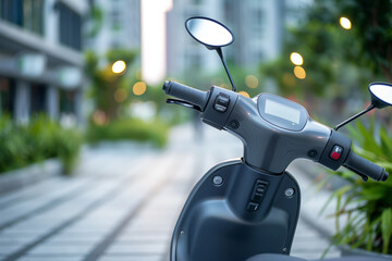 Admiring a sleek electric scooter parked on a city street at night, blending eco-friendly technology into the urban landscape