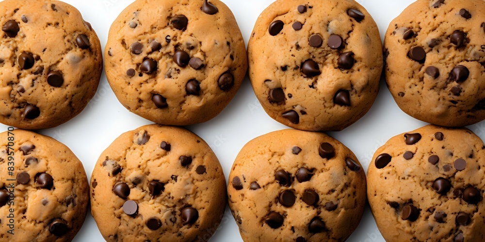 Poster high-angle view of chocolate chip cookies on a white background created using technology. concept fo