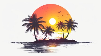 Tropical island silhouette minimal palm tree sunset white background selective focus vibrant blend mode tropical theme