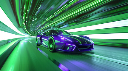 Neon violet sports car speeding in a green-lit tunnel, ultra HD, dynamic motion effect.