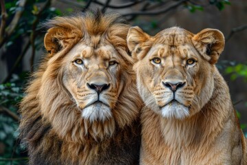 Fototapeta premium A pair of lions staring at the camera. AI.