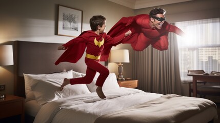 Father son superhero bond, celebrating family love on father s day with a joyful hero game