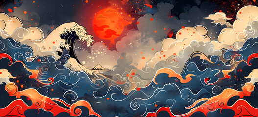 A seamless background illustration with a traditional Japanese wave design, suitable for use as a wallpaper or decorative motif.