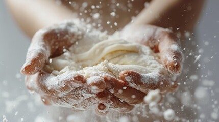 Fototapeta premium Hands holding dough with flour scattering, highlighting the dynamic and messy process of baking, creating a sense of action and texture in the kitchen.