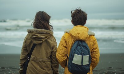 Two people standing on a beach, looking out at the ocean. AI.