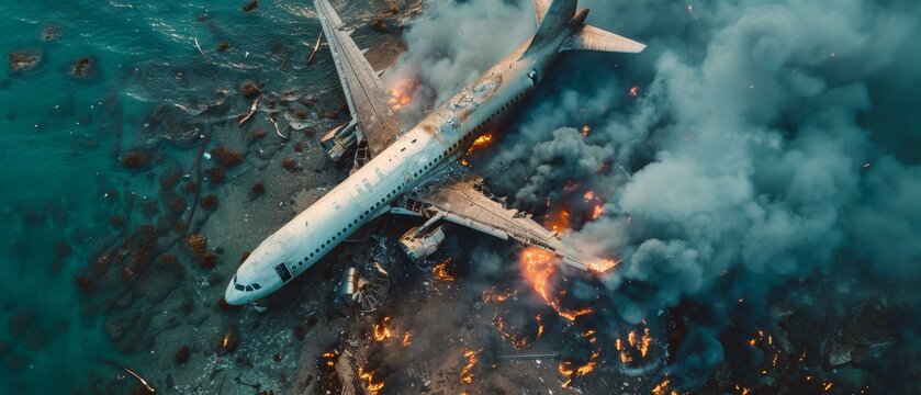 A plane wreck is on fire in the ocean, with debris floating around it. AI.