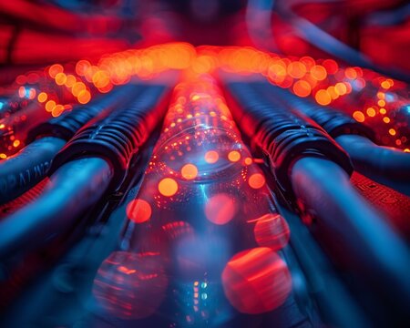 Fiber optic cables transmitting data. AI.