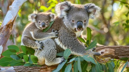 Koala mother and baby perched on a eucalyptus tree. Adult koala with a young joey in a natural setting. Concepts of wildlife, parenting, nature, Australian animals