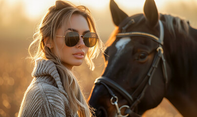 Obraz premium Elegant woman in oversized sunglasses standing beside a majestic black horse in the soft morning light. AI