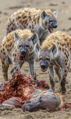 Naklejka premium A group of hyenas scavenging on a carcass in the African wilderness. AI.