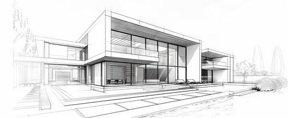 Modern architectural sketch of a luxury house exterior. Concept of contemporary residential design, modern living, luxury home, architectural drawing