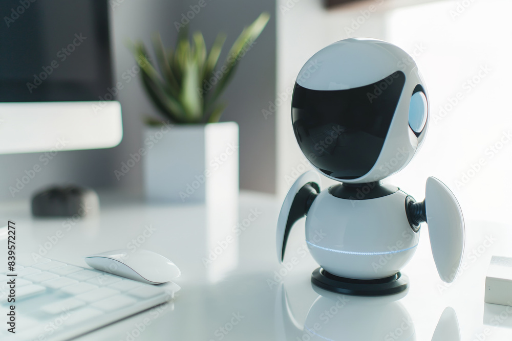 Poster white robot on an office desk with a computer, embodying innovation and automation for modern techno