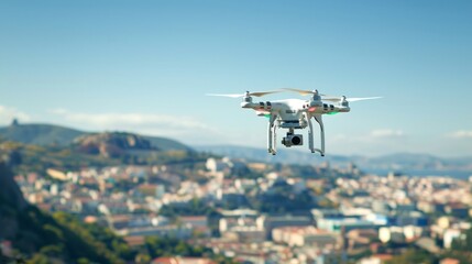 Drone delivering package over city in daylight. Concept of aerial delivery, urban logistics, drone technology, cityscape