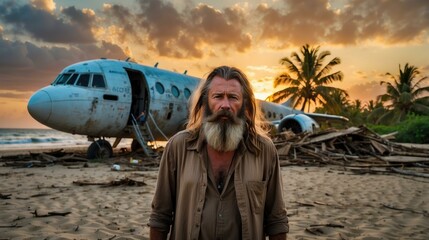 Naklejka premium A bearded man stands in front of a wrecked airplane on a beach, with palm trees and the ocean in the background. AI.