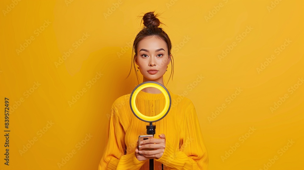 Wall mural woman in yellow sweater with studio light, yellow background, stylish and modern portrait, perfect f