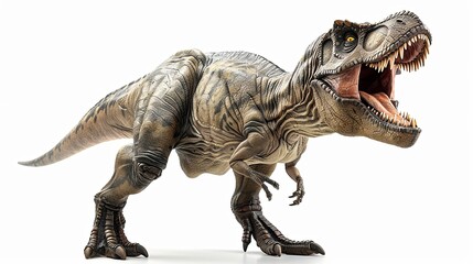 Fototapeta premium a detailed Tyrannosaurus Rex isolated on a white background, showcasing its fearsome jaws and sharp teeth.