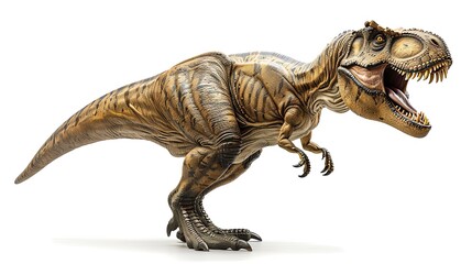 Fototapeta premium a detailed Tyrannosaurus Rex isolated on a white background, showcasing its fearsome jaws and sharp teeth.