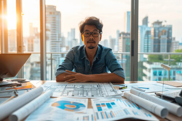 Architect working on blueprints in office