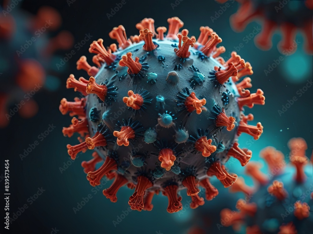 Poster an illustration showing a close-up view of a coronavirus particle, featuring red spikes and a blue, 