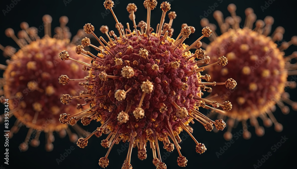 Poster a close-up 3d rendering of a coronavirus with spikes, showing the viruss intricate structure and sur