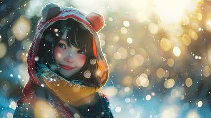 Asian girl wearing a cute hooded jacket in a snowy landscape. Concept of winter fashion, childhood happiness, ethnic diversity, and seasonal nature