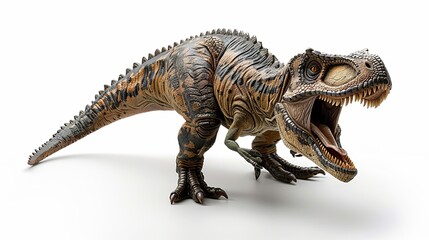 Obraz premium a ferocious Allosaurus isolated on a white background, displaying its powerful jaws and predatory gaze.