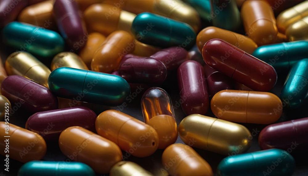 Poster a close-up image of various colored pills and capsules scattered on a surface