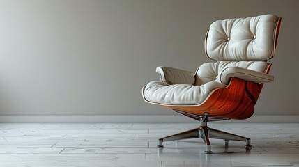 Isolated cozy leatcher lounge chair on plain grey background. Chill out concept. Copy space