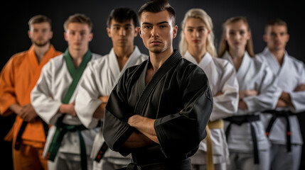 A group of people wearing black and white uniforms stand together. One man is wearing a green belt. Sensei in a black kimono and a black belt with students, all students in a white kimono