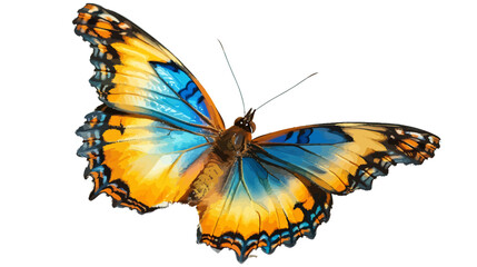 Very beautiful blue yellow orange butterfly in flight isolated on a white background