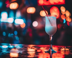 Tropical vibes  pina colada on bar counter with neon signs and palm trees, embracing summer heat