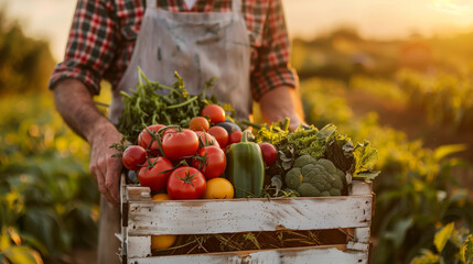 Farmer holding a wooden crate filled with vegetables on a field, harvest.