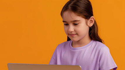 A young girl is sitting at a table with a laptop in front of her. She is smiling and she is enjoying her time on the computer. 12 yo girl in violet t-shirt coding on laptop, solid orange background