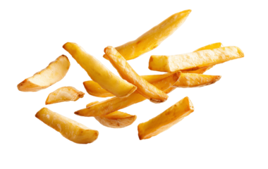Flying French fries isolated on white background 