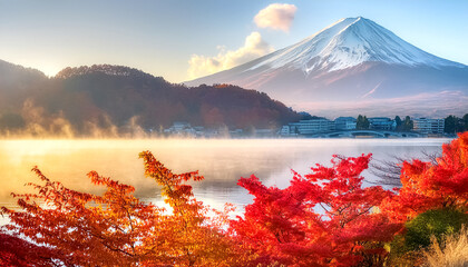 Vulkan mit Schnee und roten Bl&auml;ttern 
