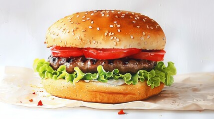Tasty beef burger with tomato, lettuce and cheese.